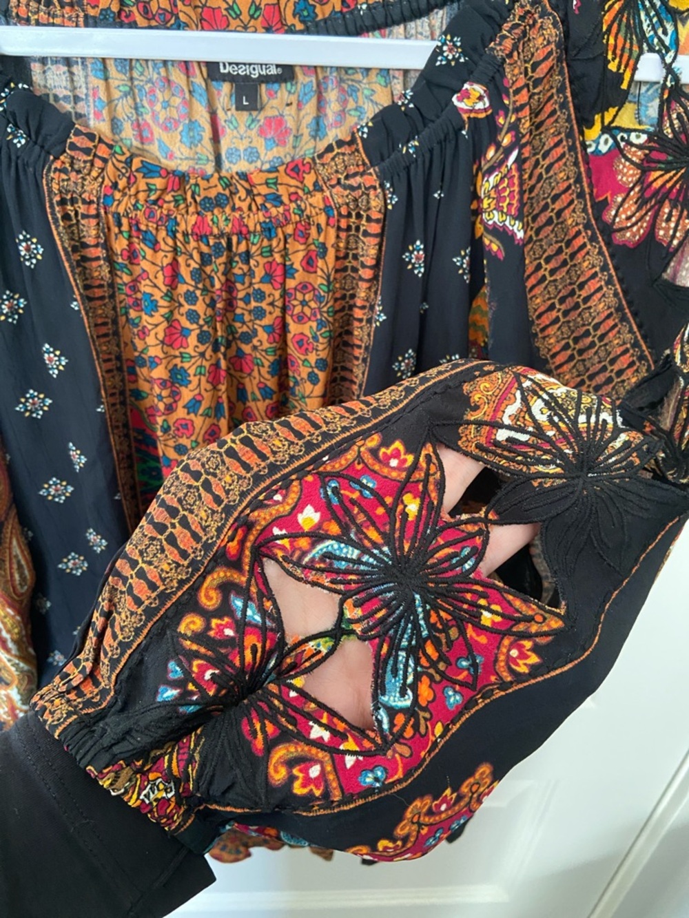 Desigual Off-Shoulder Boho Floral Patchwork Top in Black and Rust - Picture 11 of 11